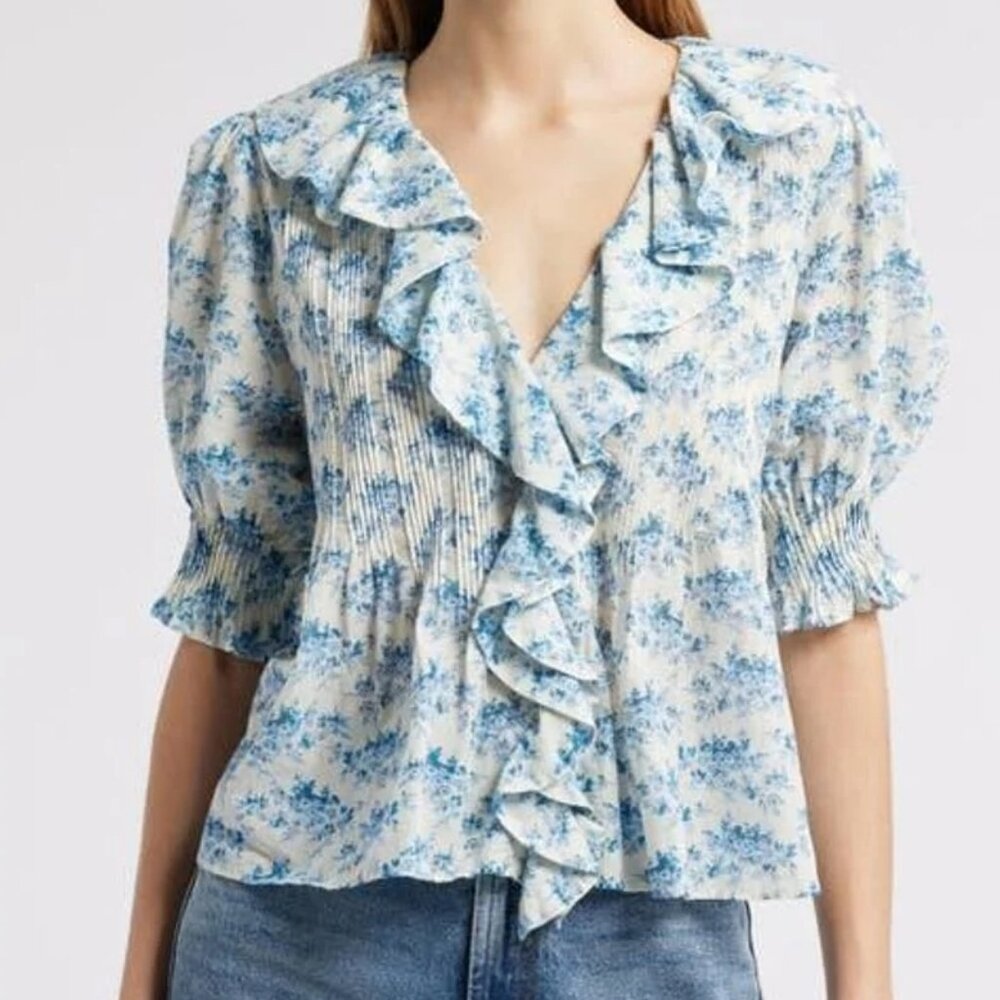 NWT Dôen Henri ruffled pintucked floral print top - Blue Rosier Floral - Picture 3 of 6